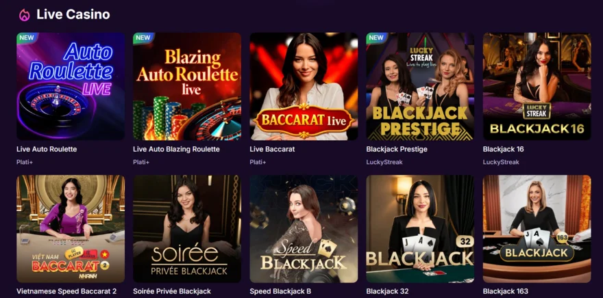 OnlyWin Casino live casino section with roulette, baccarat and blackjack tables from Plati+ and LuckyStreak, including Live Auto Roulette, Live Baccarat and Blackjack Prestige