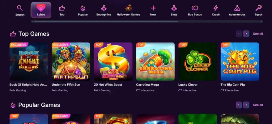 OnlyWin Casino lobby with game category tabs including Top, Popular, Slots, Buy Bonus and Crash, above a Top Games row featuring Book of Knight Hold and Win, Under the Fifth Sun and 20 Hot Wilds Boost