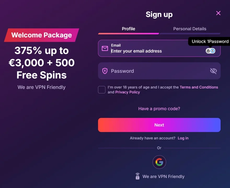 OnlyWin Casino sign-up form on the Personal Details step, asking for name, date of birth, gender, country, currency, city, address, postal code and phone number, next to a Welcome Package banner offering 375% up to €3,000 plus 500 free spins