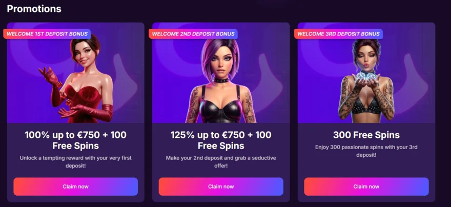 OnlyWin Casino promotions page showing the welcome 1st deposit bonus of 100% up to €750 plus 100 free spins, the 2nd deposit bonus of 125% up to €750 plus 100 free spins, and 300 free spins on the 3rd deposit